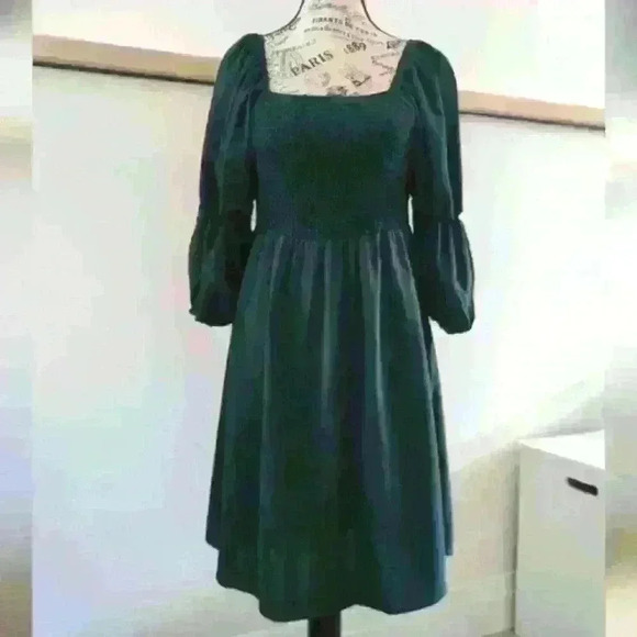 OFEEFAN  | Women's Dark Green 3/4 Puff Sleeve Square Neck Smocked Mini D… - Picture 2 of 6